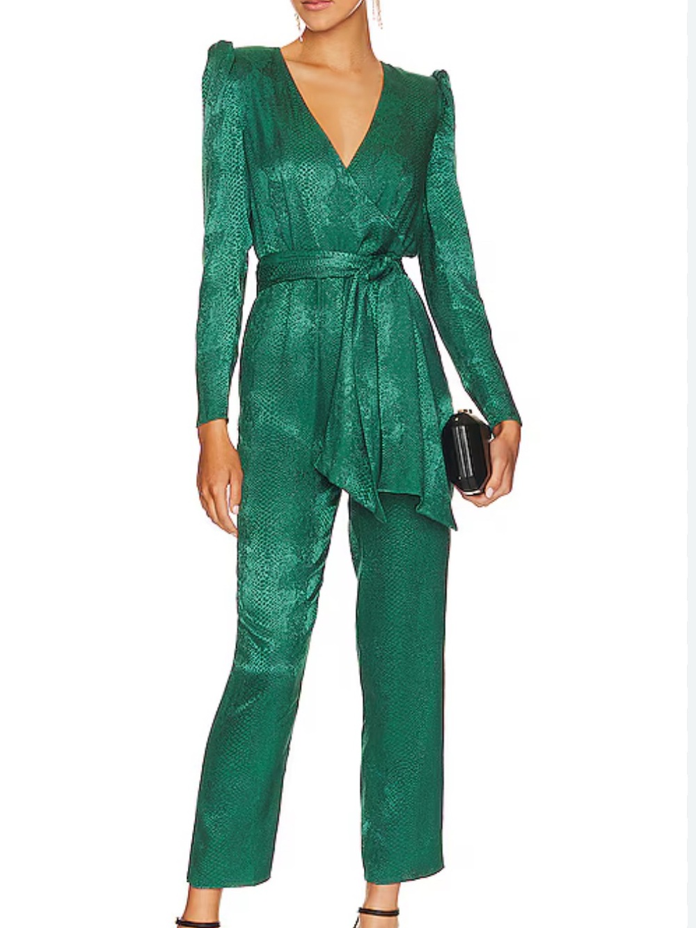 NBD Metallic Emerald Green V-Neck Long-Sleeve Jumpsuit with Waist Tie